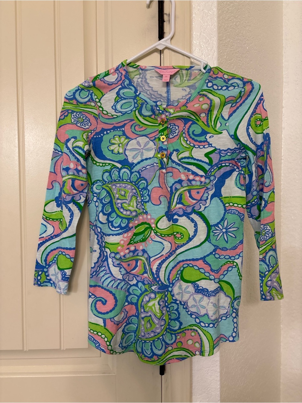 Lilly Pulitzer Kirby Tunic Top XS Multi Conch Republic Henley 3/4 Sleeve
